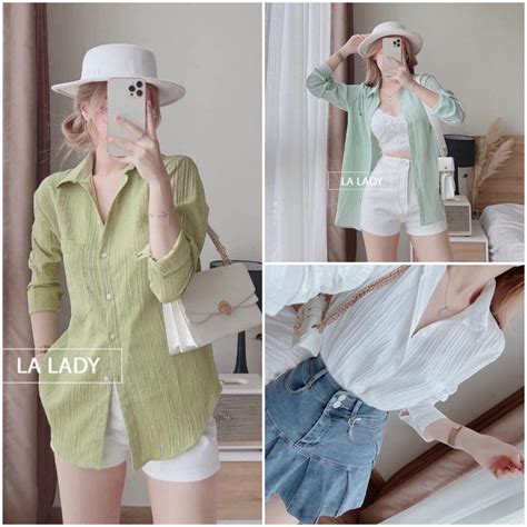 áo sơ mi nữ dài tay form rộng vải đũi gân 3 màu siêu hot Shopee Việt Nam