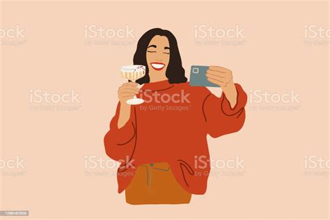 Woman With Wineglass Make A Selfie Vector Illustration In Pastel Tones