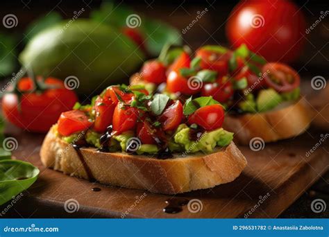 Avocado Bruschetta With Diced Tomatoes And Balsamic Glaze Generative