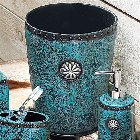 Turquoise So Leather Tooling Waste Basket Rustic Storage