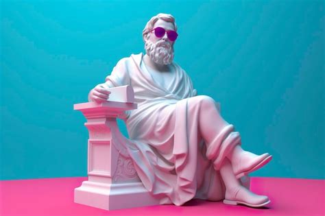 Una estatua blanca de platón en una pose genial con gafas 3d magenta y