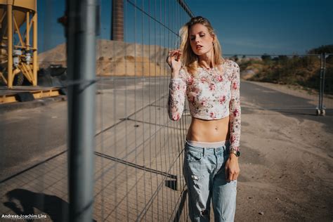 Women Model Portrait Blonde Freckles White Tops Denim Jeans Fence Depth