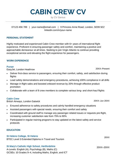 Cabin Crew CV Example Template Writing Guide