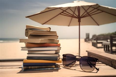 Premium Ai Image A Stack Of Books With Sunglasses On A Table Next To A Beach Umbrella