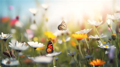 Premium Photo Butterflies Flying In A Field Of Flowers