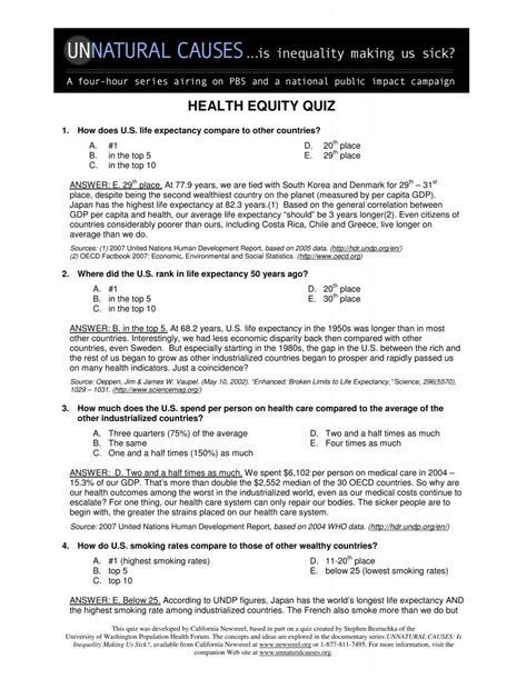 Health Equity Quiz Pdf Unnatural Causes