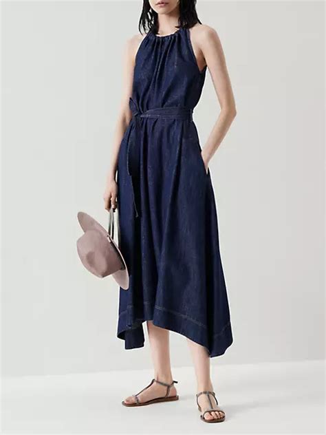 Shop Brunello Cucinelli Sparkling Denim Dress With Precious Halterneck