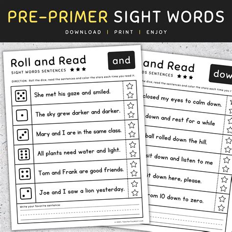 Pre Primer Sight Words Pre K Roll And Read Worksheets And Activities [set 3] Made By Teachers