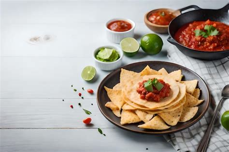 Premium Photo | Nachos with salsa and salsa on a table