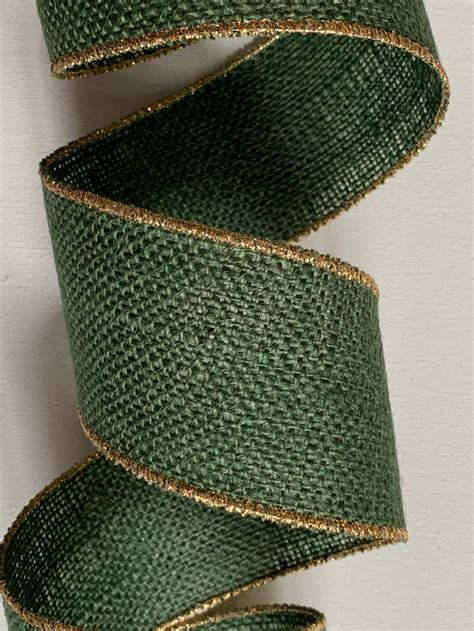 2 5 Dark Green Burlap Ribbon Gold Wired Edges Hunter Etsy