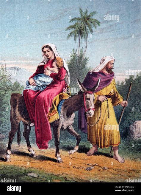 Illustration Of The Virgin Mary Holding Baby Jesus On A Donkey Led By