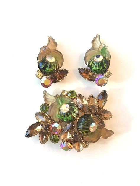 Vintage Edlee Rhinestone Brooch Earrings Set Green Molded Givre Glass