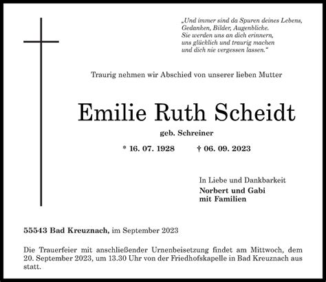 Traueranzeigen Von Emilie Ruth Scheidt Rz Trauer De