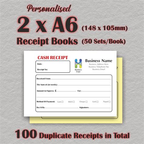 X A Personalised Duplicate Receipt Books Cash Receipts Full Colour