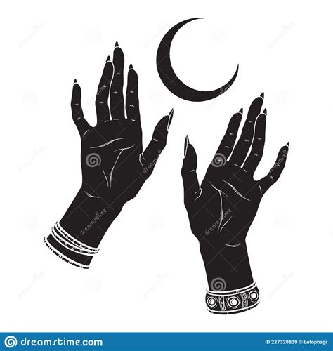 Hand Drawn Female Witch Hands Holding Crescent Moon Flash Tattoo