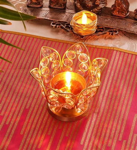 Buy Gold Brass Crystal Decorative Lotus Navratri Akhand Diyas Medium By