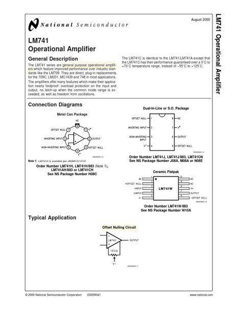 Lm 741 Data Sheet Operational Amplifier Amplifier