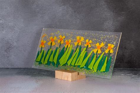 Daffodil Flower Fused Glass Sun Catcher Panel With Cherry Wood Etsy