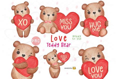 Valentine Teddy Bear Watercolour Clipart Graphic by Janatshie ...