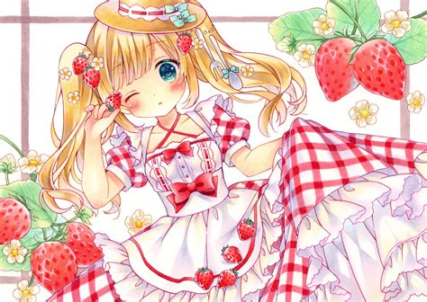 Aqua Eyes Blonde Hair Blush Bow Dress Flowers Food Fruit Hat Lolita