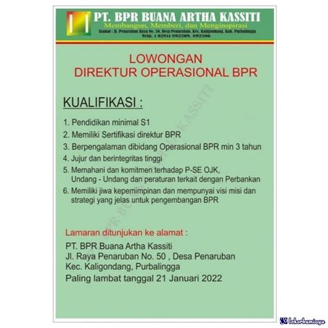 Lowongan Kerja Direktur Operasional PT BPR Buana Artha Kassiti Purbalingga