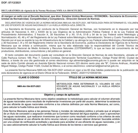 Dof Declaratoria De Vigencia De La Norma Mexicana Nmx Aa Scfi