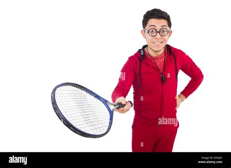 Funny tennis player isolated on white Stock Photo - Alamy