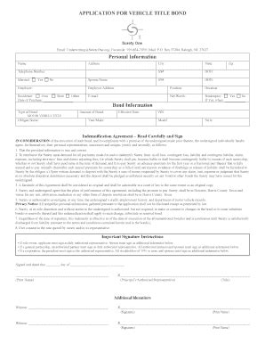 Fillable Online Suretyone APPLICATION FOR VEHICLE TITLE BOND