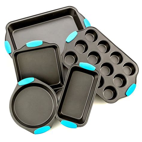 Nonstick Stainless Steel Silicone Bakeware 5-piece Set,Latte Black With Cranberry Blue Handle ...