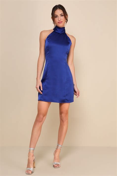 Blue Satin Mini Dress Halter Mini Dress Satin Halter Dress Lulus