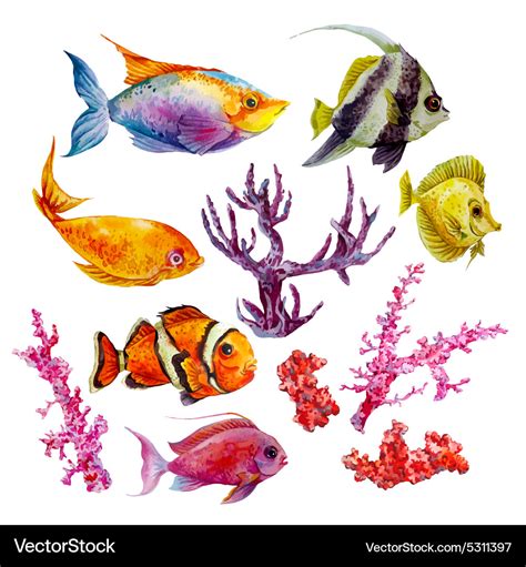 Marine set of watercolor tropical fish Royalty Free Vector