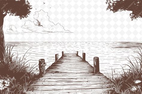 Premium Psd A Drawing Of A Dock With A Pier And A Lake In The Background