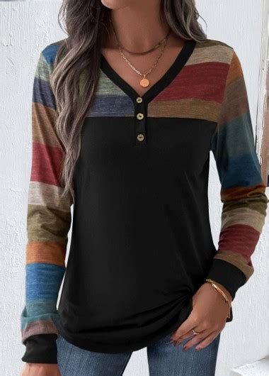 ROTITA Patchwork Striped Multi Color V Neck T Shirt Rotita USD