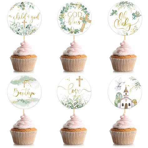 Amazon Henoyso 48 Pcs Greenery Baptism Cupcake Toppers God Bless