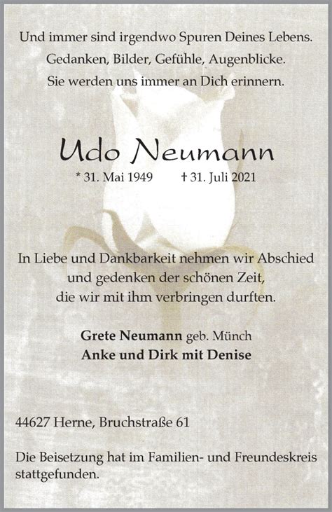 Traueranzeigen Von Udo Neumann Trauer In Nrw De