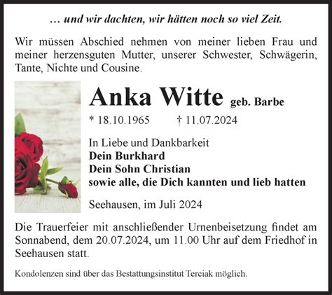 Traueranzeigen Von Anka Witte Abschied Nehmen De