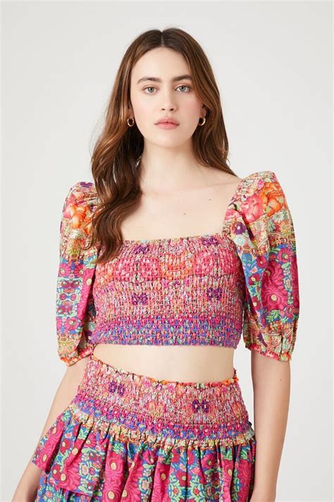 Forever 21 Smocked Floral Print Crop Top Cayenne Multi Forever21usa