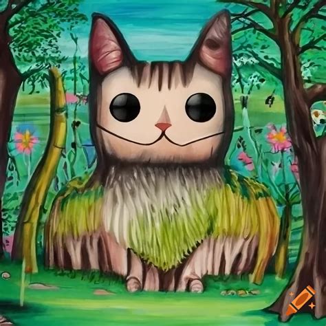 Colorful Funko Pop World With Cats Trees And A Swamp Pond In A Naive