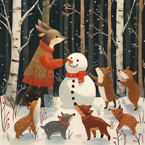Curious Forest Animals And Snowman Free Stock Photo Public Domain
