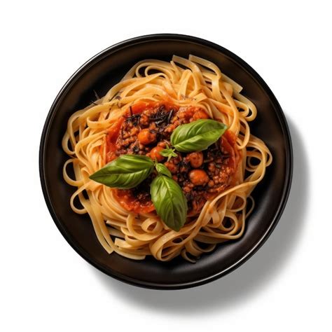 Premium Ai Image Spaghetti Bolognese With Basil In Black Bowl