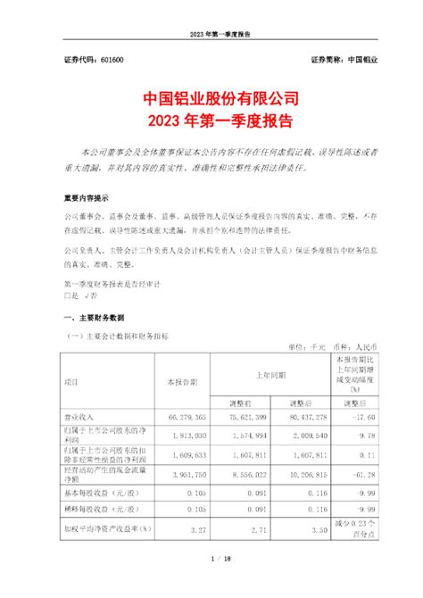 中国铝业：中国铝业2023年第一季度报告