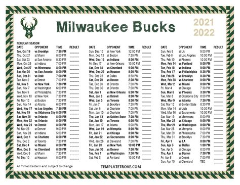 Printable 2021-2022 Milwaukee Bucks Schedule