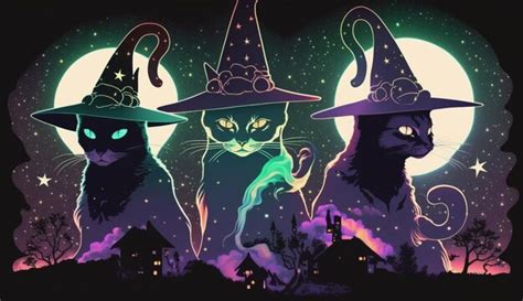 Premium Ai Image A Halloween Poster With Three Cats Wearing Hats And