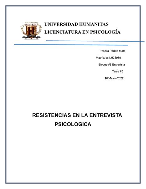 Tarea 5 Como Hacer Una Entrevista Psicologica Clinica UNIVERSIDAD