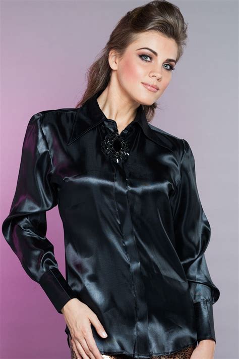 Satin Blouse Full Sleeves Crystal Brooch At Neck Satin Blouse