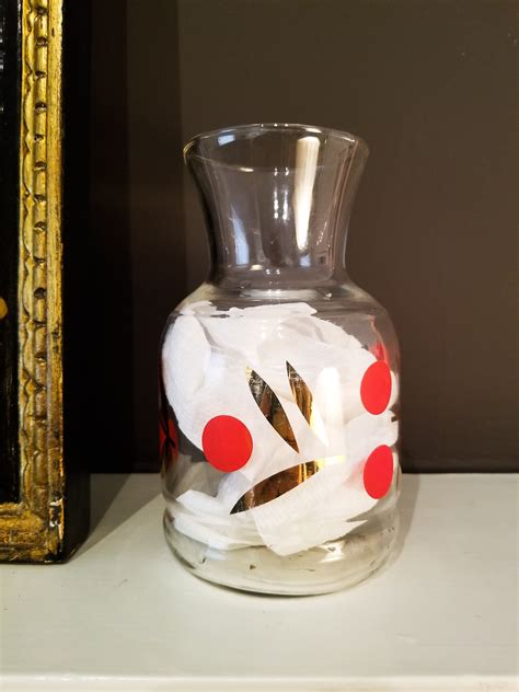 Vintage Glass Juice Carafevase With Red Polka Dots And Gold Leaves