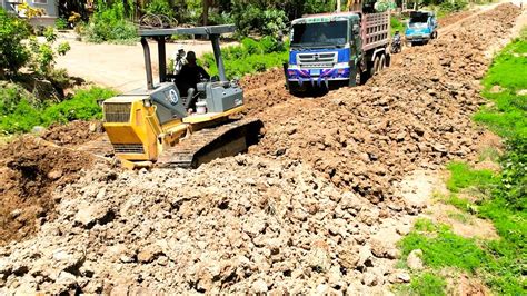 Road Renew Construction Site Amazing Dozer KOMATSU D41P Pushing The