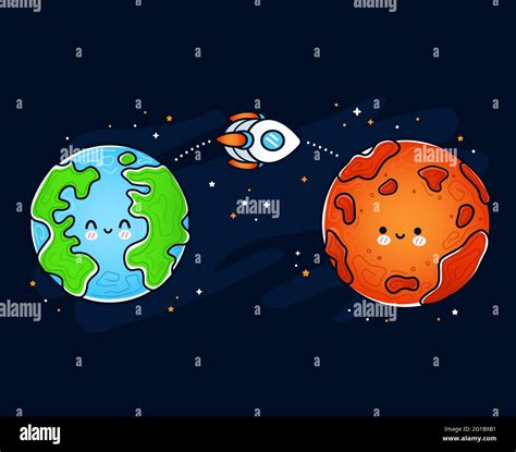 Cute Funny Happy Mars And Earth Planet Rocket Space Ship Flying