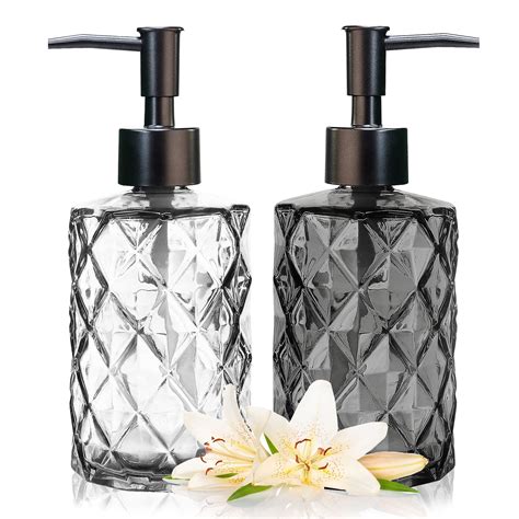 Aomota 2 Pack Glass Soap Dispenser Diamond Design 12 Ounce Kitchen Soap Dispenser For Bathroom