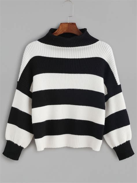 Black And White Striped Ribbed Knit Crop Sweater SheIn Sheinside